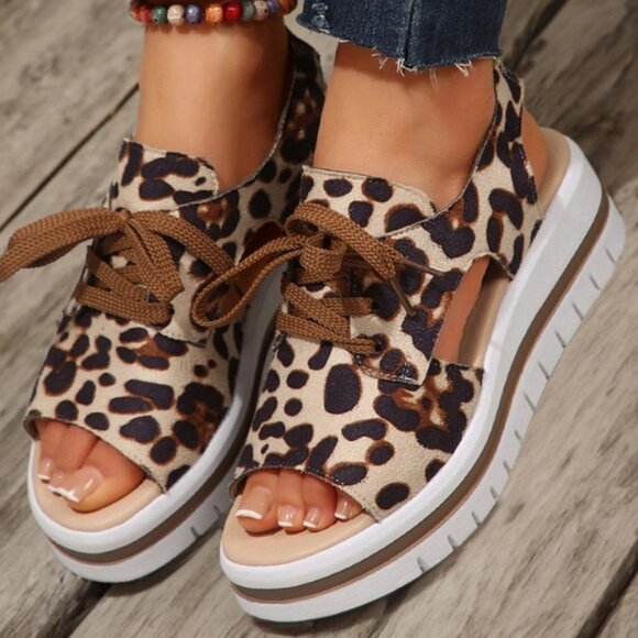 Leopard Print Hollow Out Lace-Up Wedge Sandals - Picture 2 of 3